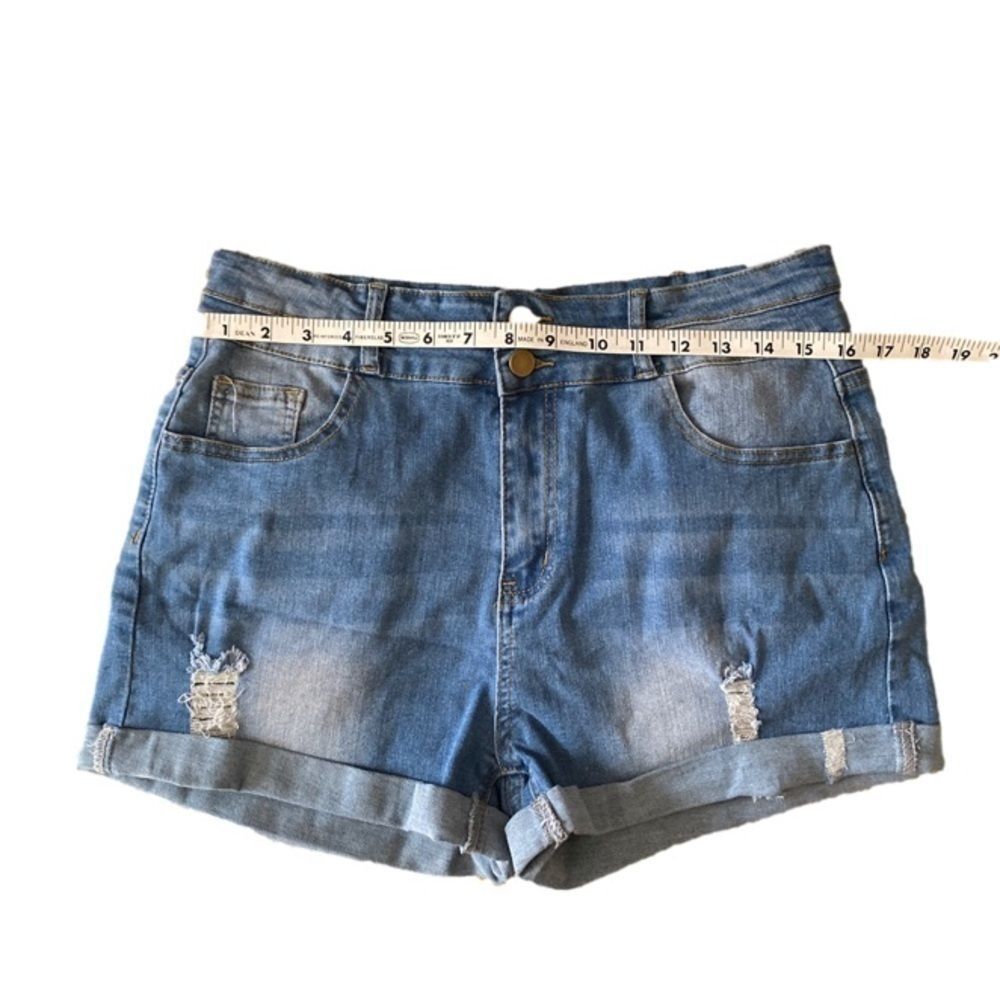 High-Waisted Denim Shorts Blue Double Button Distressed NWT - Picture 6 of 8